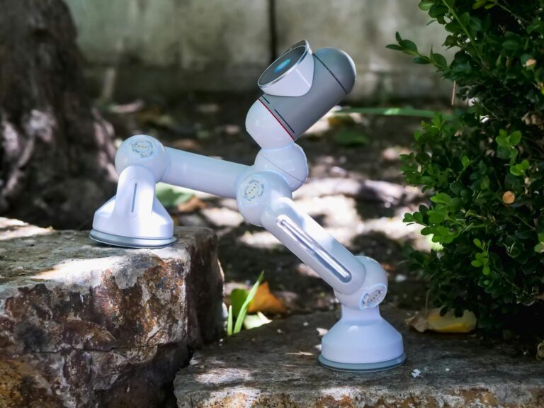 A small, modern robot climbing stone steps outdoors, showcasing advanced robotics technology.