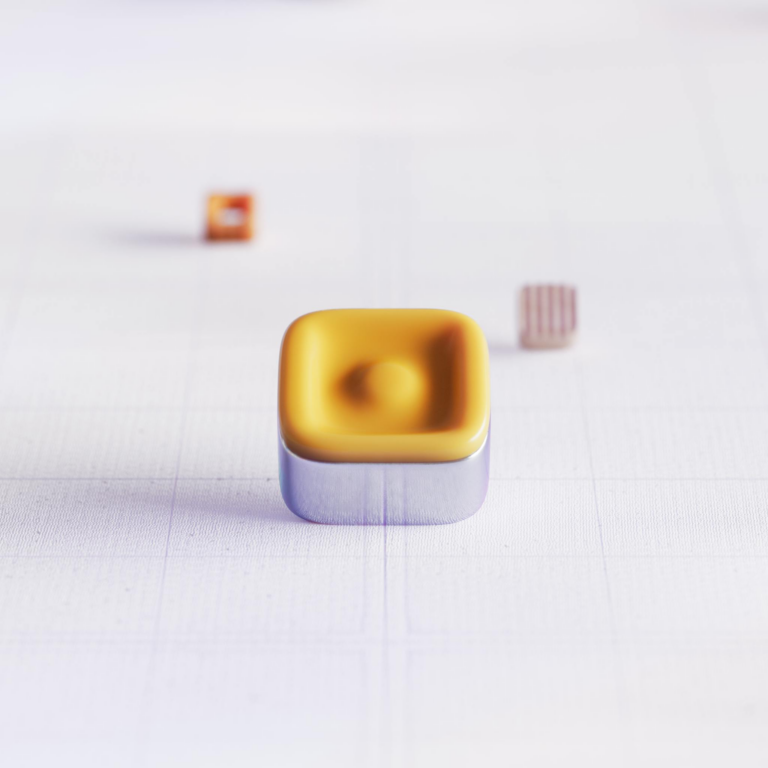 Abstract geometric object with yellow top on a minimalist grid background.